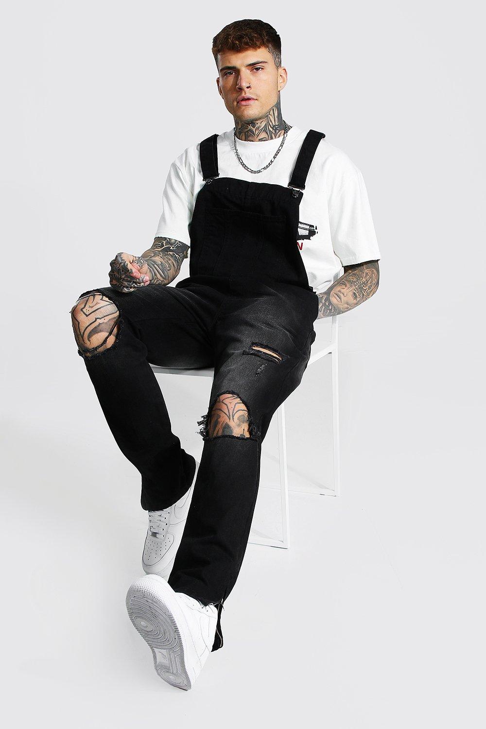 Tapered Stacked Knee Rip Long Overalls
